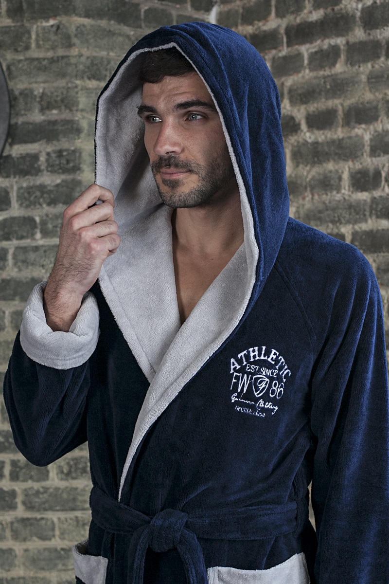 Халат ATHLETIC (синий) спортивный мужской махровый халат с капюшоном