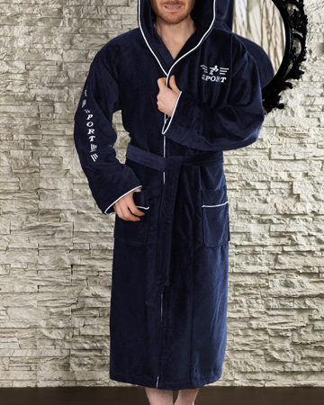 Спортивный мужской махровый халат с капюшоном NEW SPORT (темно-синий)